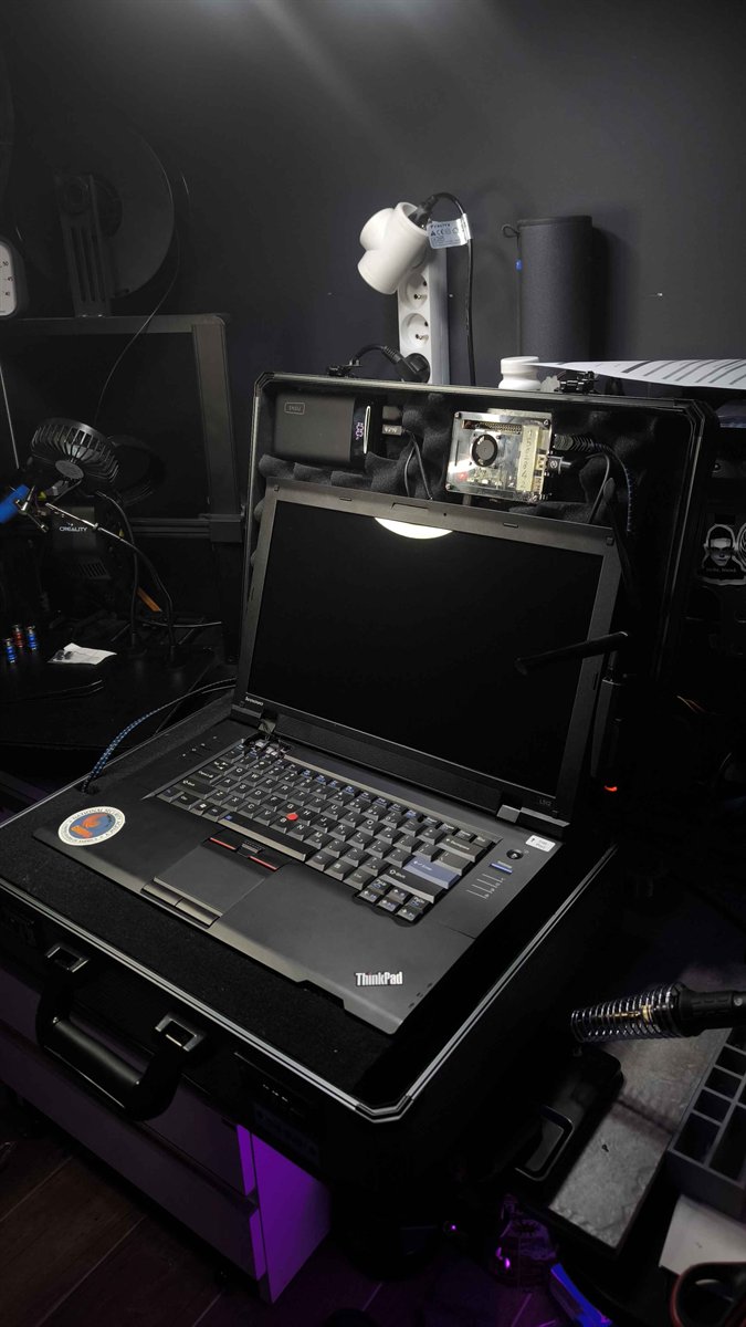 Valise noire ouverte sur un bureau : ThinkPad L512 dans le fond, module de calcul et batterie fixés dans la mousse du couvercle.